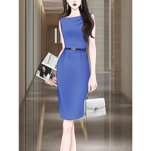 高端质感蓝色无袖连衣裙夏季2024新款女装小众设计职场OL收腰裙子