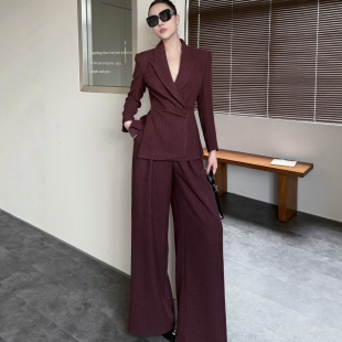 韩系休闲收腰西装套装女开叉斜扣条纹西服外套高腰阔腿裤两件套秋