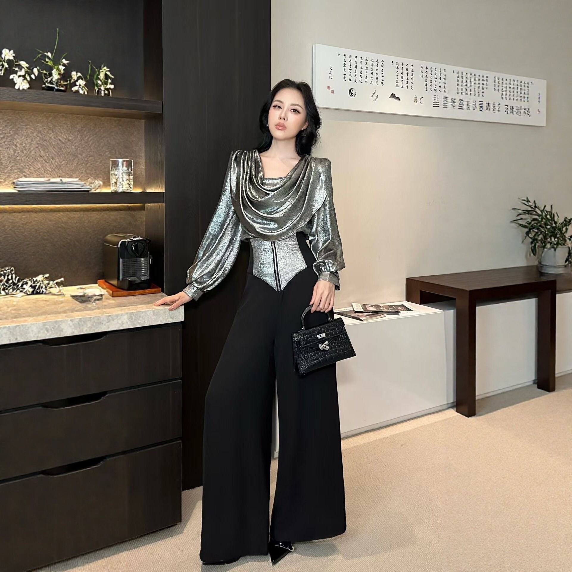 秋季新款时尚套装气质名媛风百搭上衣配高腰阔腿裤两件套