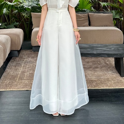 夏季新款时尚气质高级感休闲裤女设计感欧根纱显瘦遮肉阔腿裤女装