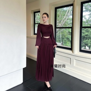 御姐纯欲风性感腰部镂空弹力假两件套连衣裙秋季 设计感长裙 新品