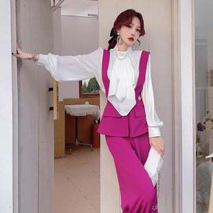 春季套装2025新款女洋气减龄显瘦遮肉连体长裤背带裤子衬衫两件套