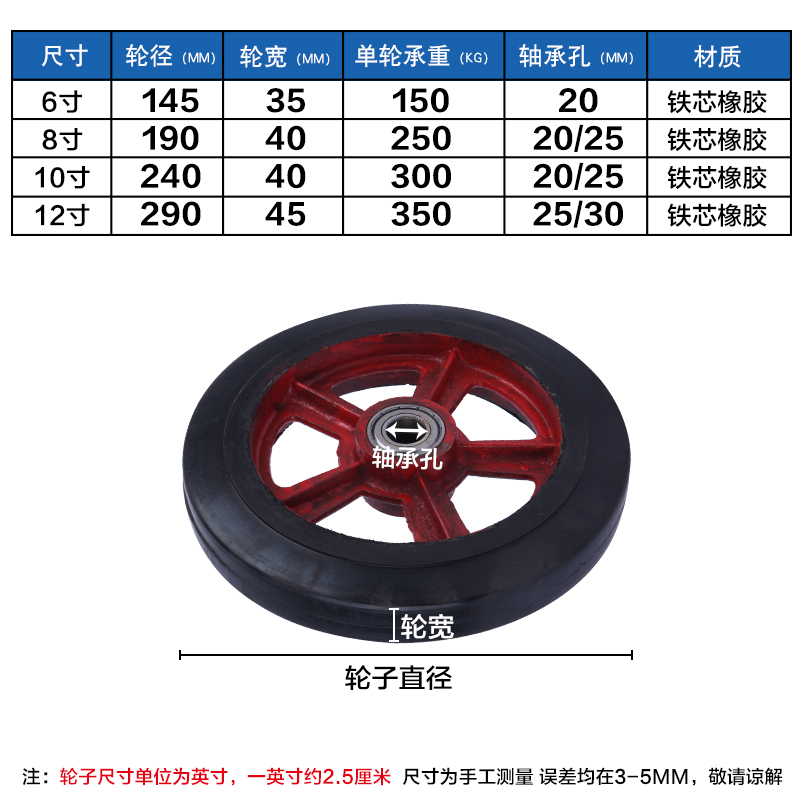 老虎车轮子6/8/10寸12寸铁芯静C音橡胶带轴手推车实心轱辘重型轮