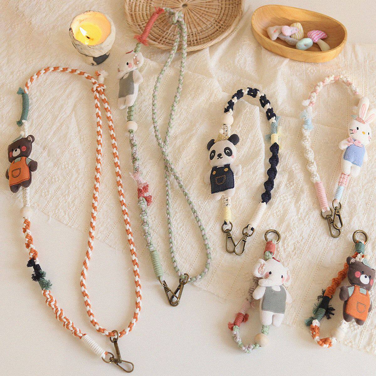 手工编织熊猫公仔手机挂绳可爱兔子大象防丢长短包背带玩偶钥匙扣