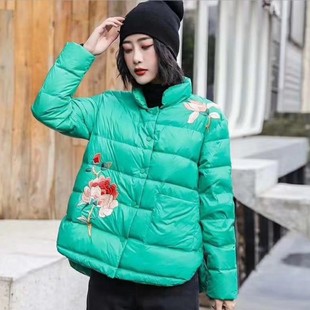 2024冬季中国风刺绣民族风复古文艺羽绒服立领短款大码宽松外套女