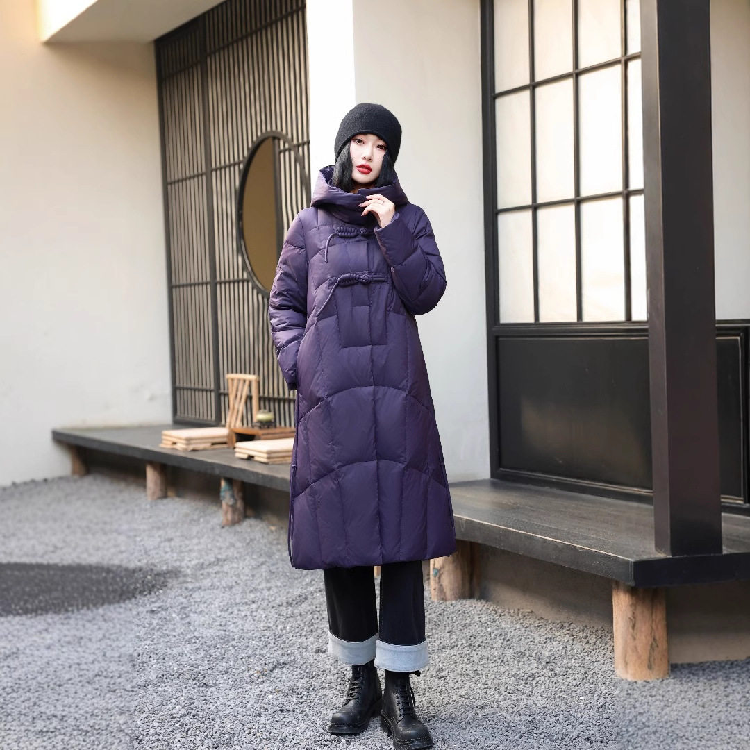 中国风盘扣连帽耐寒保暖长款羽绒服女冬季新款白鸭绒锁温过膝外套