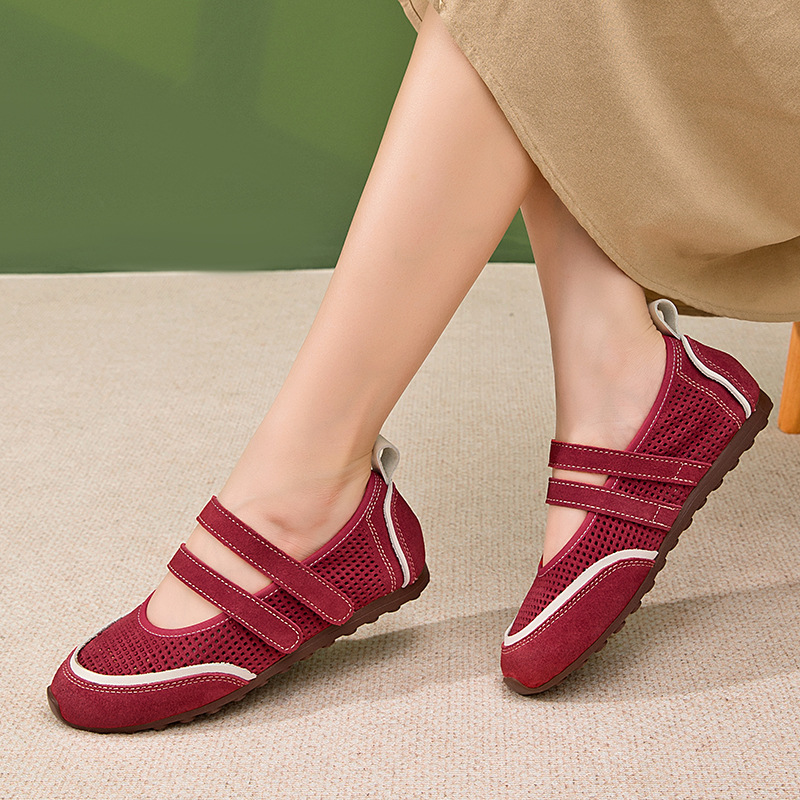 2025春夏真皮镂空透气洞洞鞋女百搭平底休闲牛皮软底魔术贴单鞋女