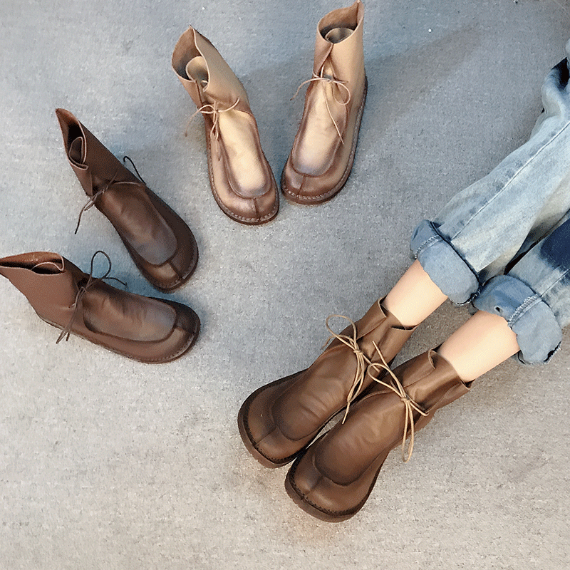 秋冬手工复古文艺真皮短靴平底舒适马丁靴软皮软底休闲高帮女鞋子