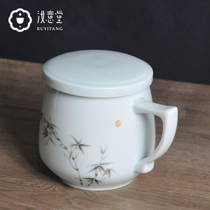 景德镇陶瓷水杯马克杯带盖大容量办公室喝茶杯白瓷杯子青瓷男中式