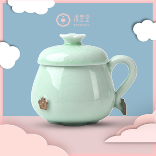 汝窑杯子陶瓷喝水杯女办公室泡茶杯个性 马克杯带盖带过滤高端礼品