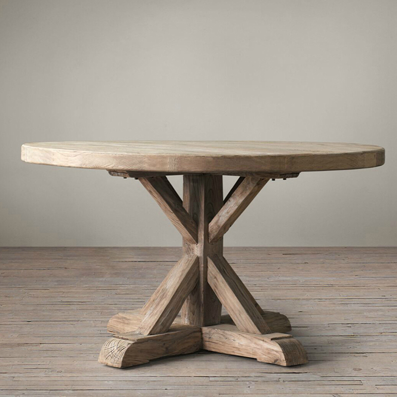 美式乡村实木圆型餐厅桌椅家用客厅小户型饭桌复古法式原木餐桌