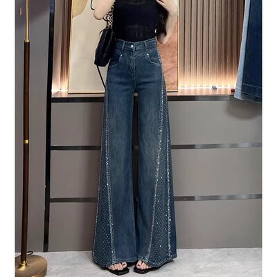 烫钻阔腿喇叭牛仔裤女2026年春秋夏季新款时尚宽松水洗蓝直筒裤子