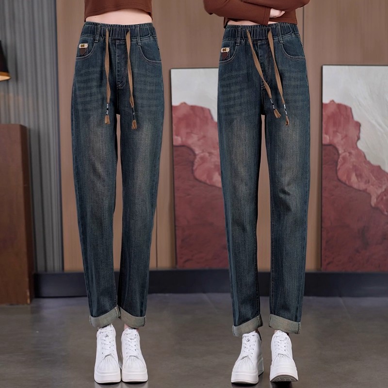 窄版牛仔阔腿裤女2025春秋新款松紧高腰宽松百搭加绒加厚直筒长裤