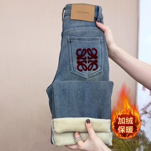 女秋冬季 2025年新款 加绒直筒牛仔裤 爆款 子 冬天加厚宽松窄版 阔腿裤