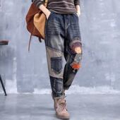 复古贴布刺绣做旧哈伦裤 牛仔裤 松紧腰休闲大码 新款 女宽松2025冬季