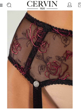 法国Cervin 性感黑色网纱背扣刺绣红玫瑰SIYAH 金属扣6勾吊袜带