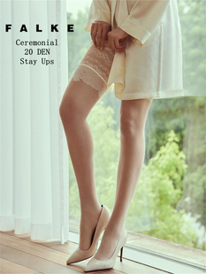 德国Falke Ceremonial 20D 14cm宽蕾丝防滑乳白提花长筒袜 42014