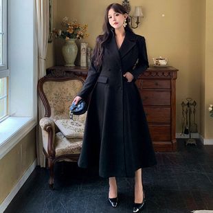 收腰大衣1939 高级感赫本显瘦黑色毛呢外套胖mm200斤长款 大码 女装