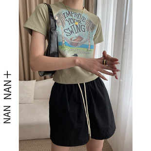 上衣潮时尚 椰树度假字母印花短款 复古短袖 T恤女小个子夏美式 修身