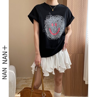 休闲宽松圆领复古时尚 韩版 纯棉上衣 T恤女潮夏季 线条笑脸印花短袖