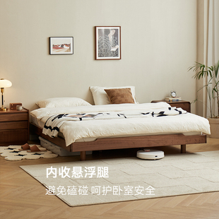 黑胡桃木实木床架无床头小户型榻榻米简约无靠背矮床北欧悬浮 日式