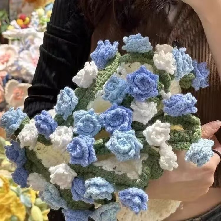尖角玫瑰花束毯子纯手工编织diy毛线材料包创意钩织花朵毛毯礼物