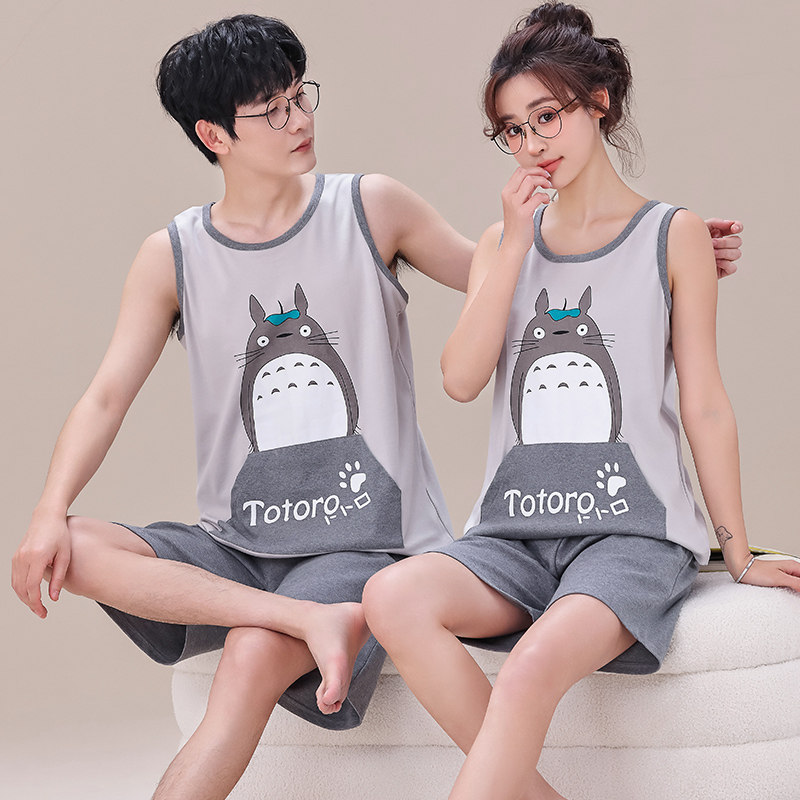 新品无袖夏季情侣睡衣纯棉背心短裤运动男女套装家居服加大码4XL