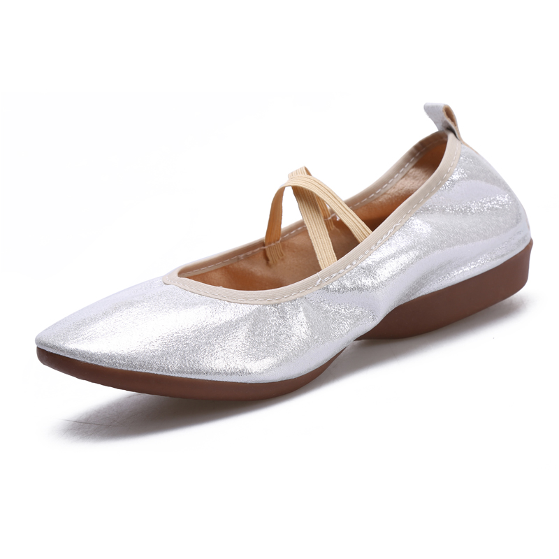 低跟银色跳舞鞋女成人牛筋软底真皮舞蹈鞋四季平跟妈妈广场舞鞋子