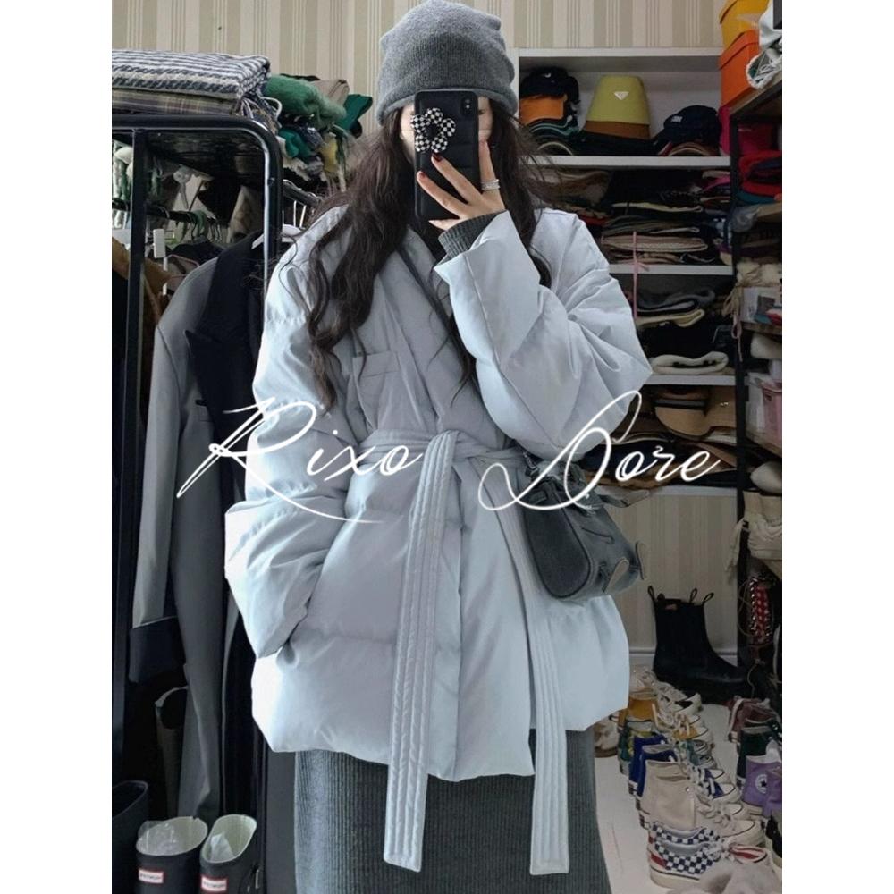 女秋冬季棉衣棉服腰带蓝色高级感加绒复古设计外套