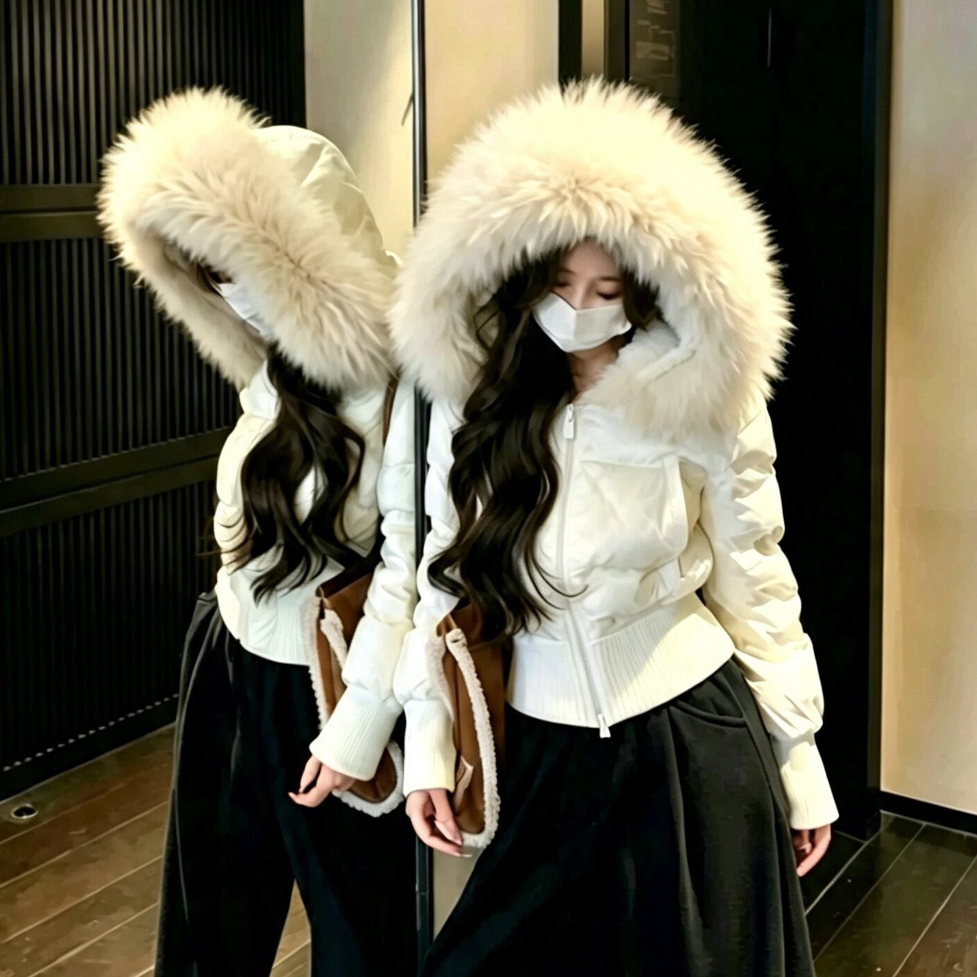 韩系内里加绒防水皮面收腰面包服羽绒棉衣冬季外套厚棉袄棉服女
