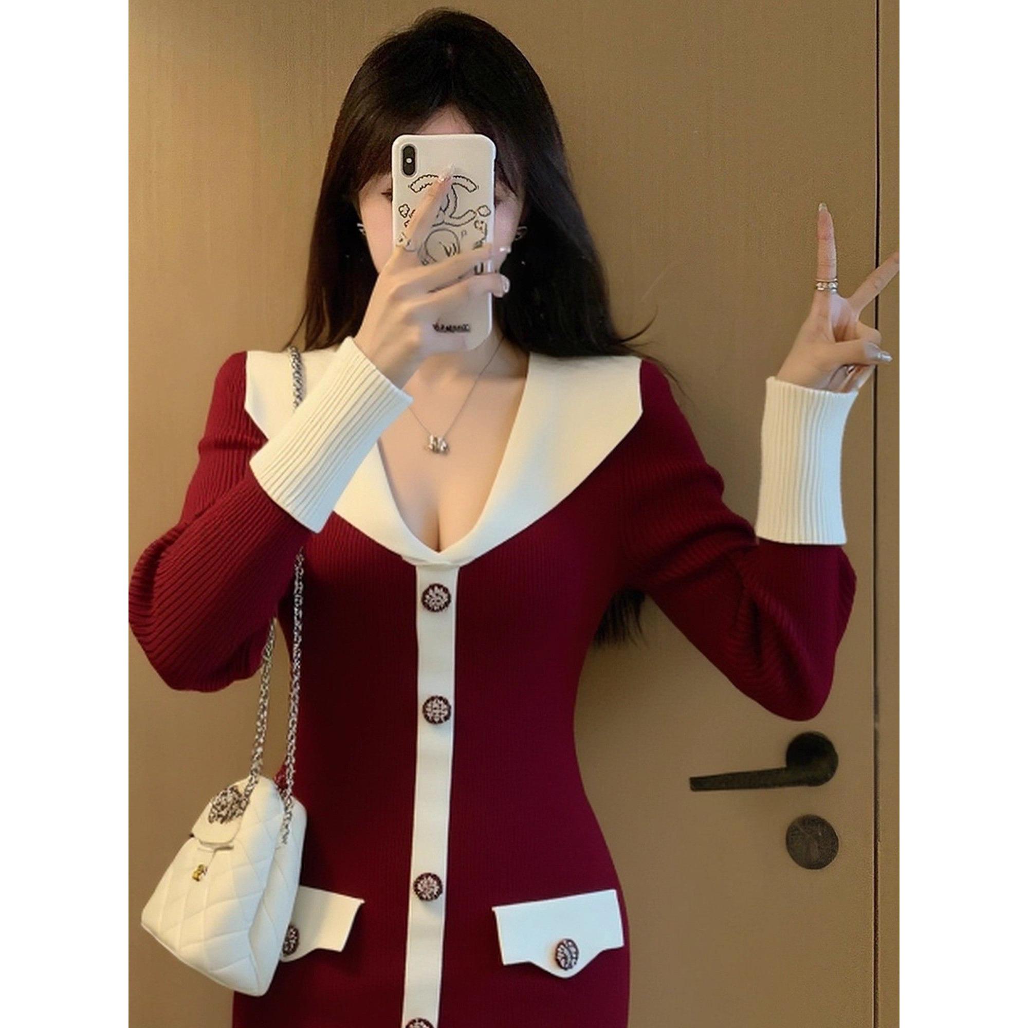 韩国小香风新年红色翻领针织连衣裙子女秋冬新款名媛气质包臀短裙