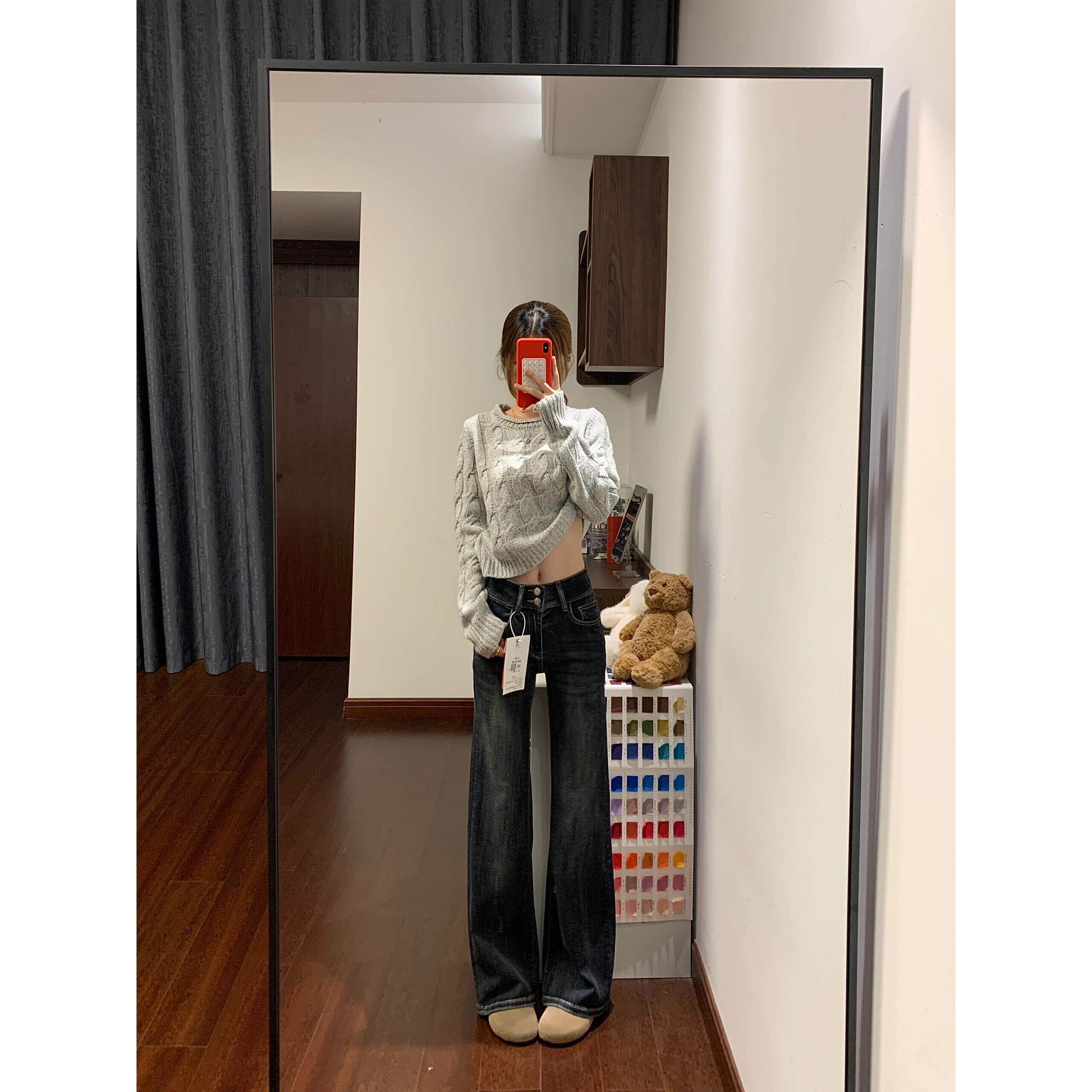 美式复古双扣微喇牛仔裤女2026春季新款高腰显瘦弹力不贴腿直筒裤