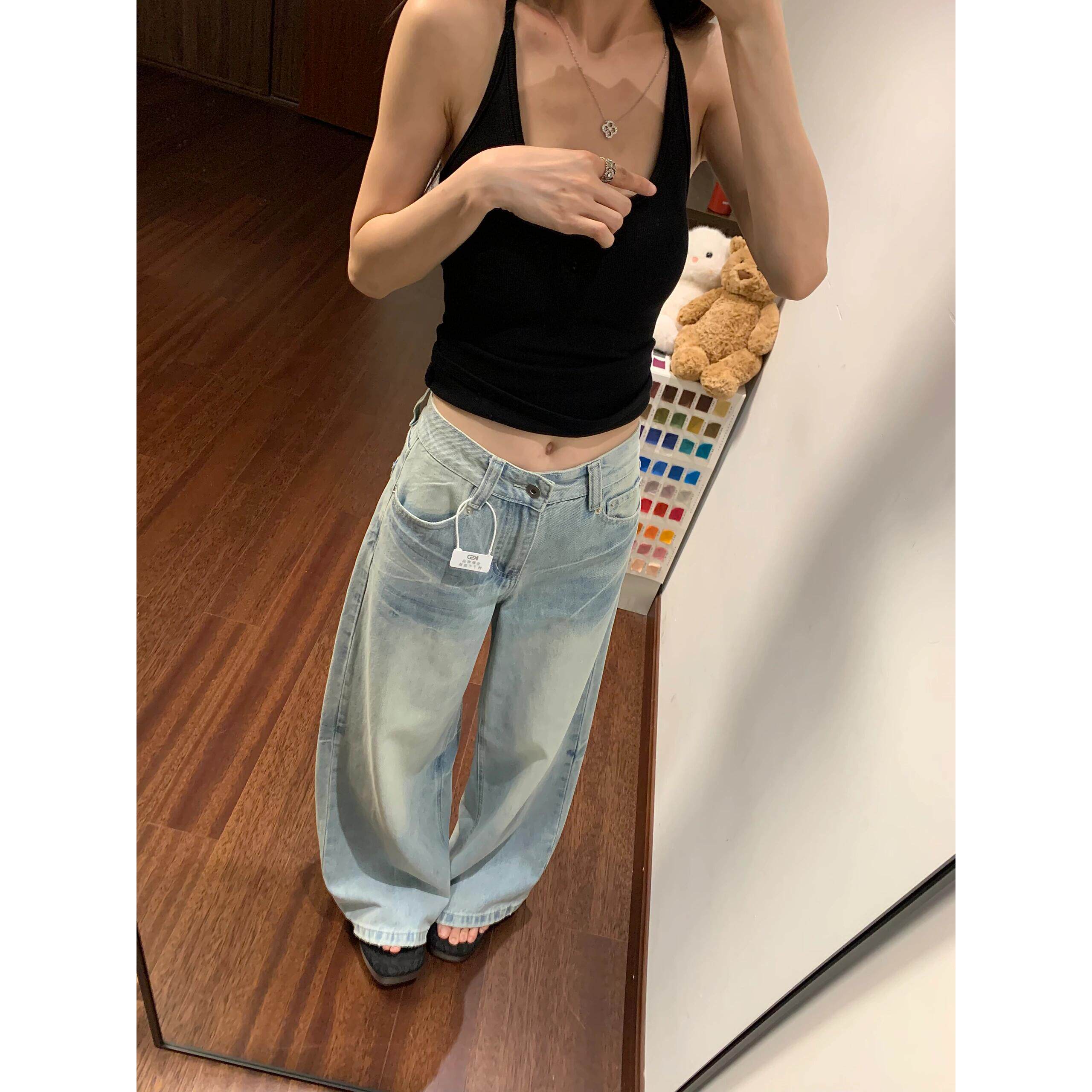 小个子浅蓝色水洗猫须阔腿牛仔裤女夏季新款宽松显瘦直筒拖地裤潮