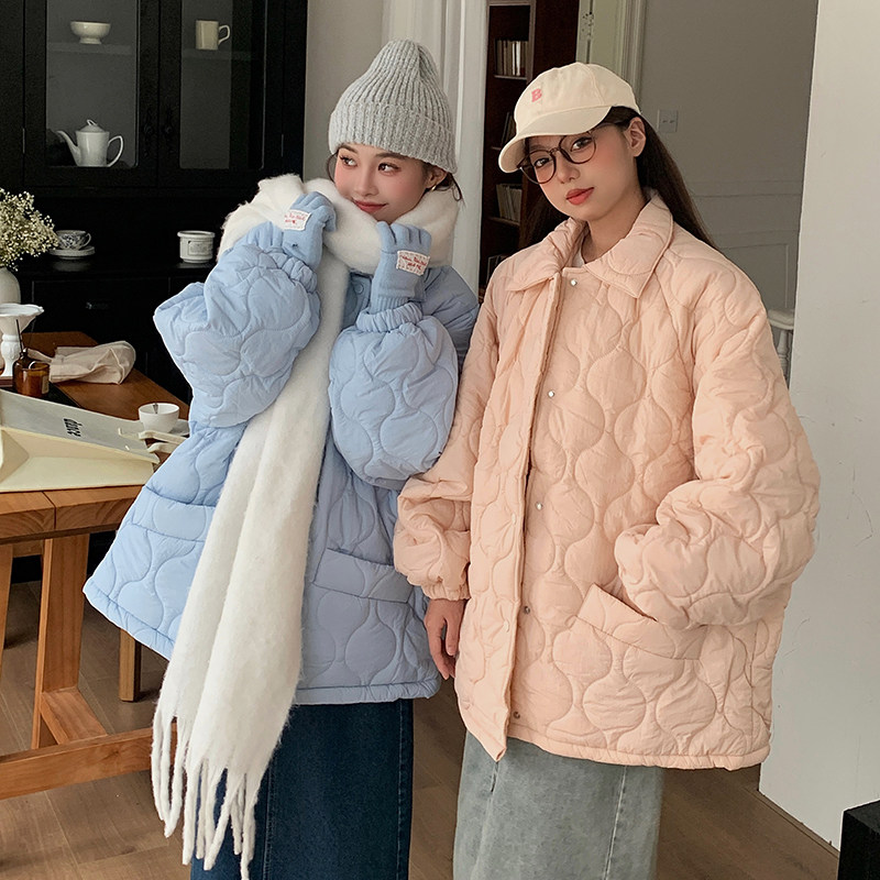 多巴胺彩色菱格棉服女新款复古外套面包服宽松内底羊羔毛韩版