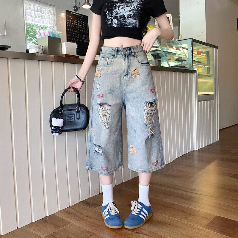 中性嘻哈简约牛仔七分裤女春夏季新款显高百搭宽松七分直筒牛仔裤