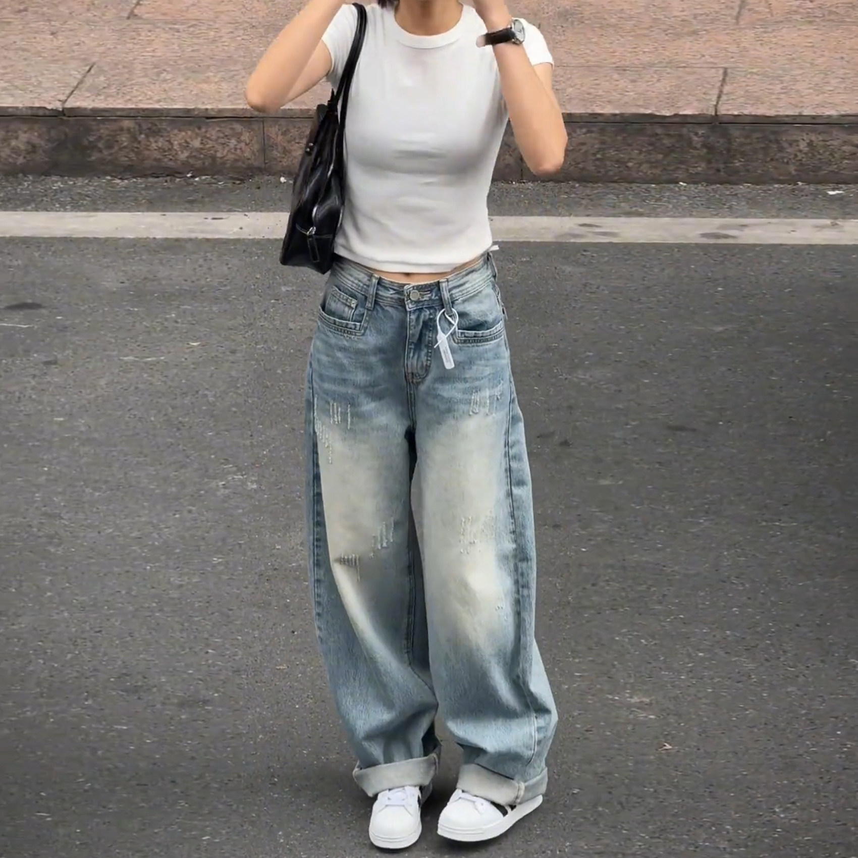 弯刀阔腿牛仔裤女春季2026新款大码胖mm显瘦高腰美式高街直筒裤子