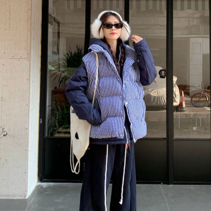 韩系高级感蓝色格子羽绒棉衣马甲女冬季加厚外穿面包棉袄外套上衣