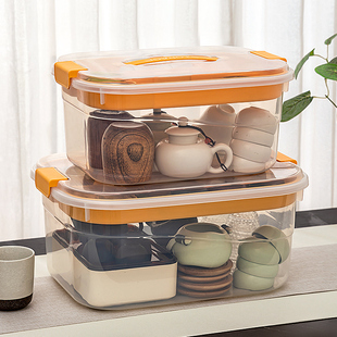 茶具收纳盒透明防尘大容量手提户外杯子整理箱茶杯带盖分格工具箱