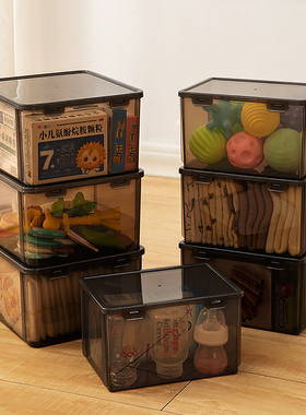 收纳箱透明塑料有盖收纳盒家用全透小号黑色方形直角杂物整理箱