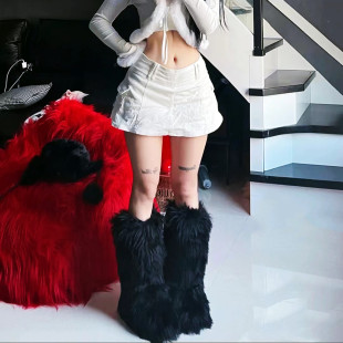 毛毛长筒雪地靴女冬季 加绒欧美时髦精y2k35cm定制高筒皮草毛毛靴
