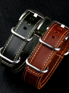 NATO北约绿棕20MM真皮复古风格柔软表带军表男表链