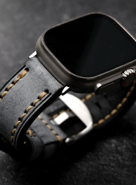 手工制作擦蜡灰色牛皮表带适配Apple Watch Series 9真皮49 45MM