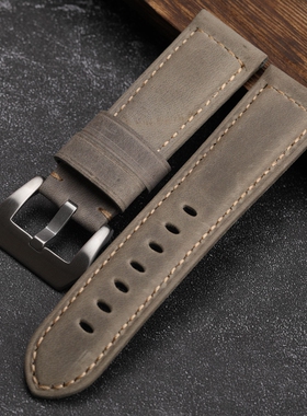 手工灰真皮表带20 22 24 26MM适配沛纳海PAM111 441头层牛皮复古