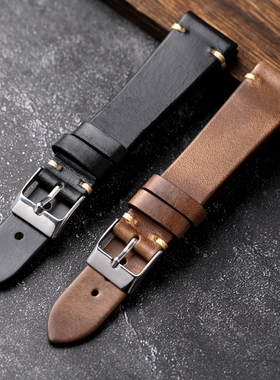 美国霍尔文Horween头层牛皮18 19 20 22MM适配海鸥古董劳真皮表带