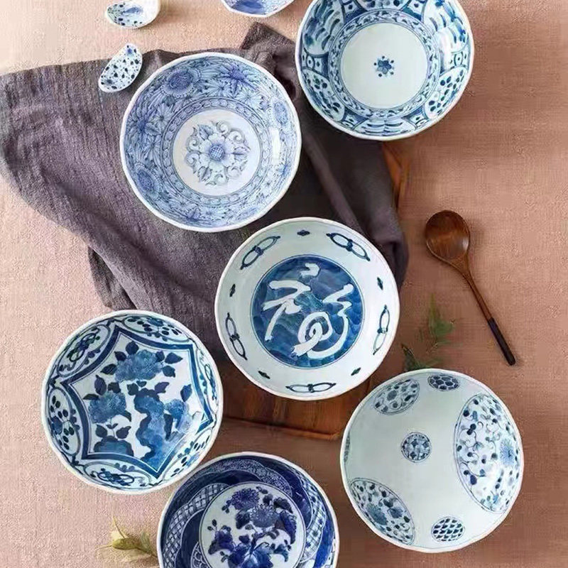 日式波浪花边钵碗餐具蓝凛堂日本进口家用陶瓷饭碗盘浅碗粥钵面碗