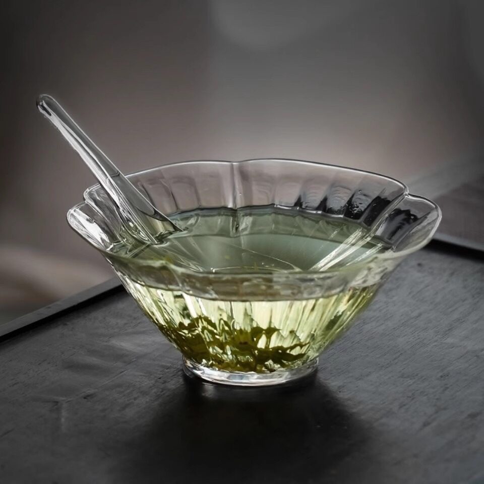 绿茶斗笠碗透明冷泡分茶器耐热高温玻璃茶碗花茶绿茶品鉴茶具茶盏