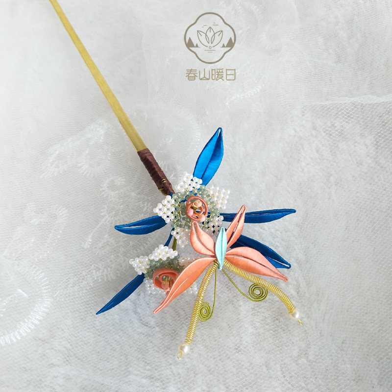 故宫复原点翠系列缠花水仙发簪古风小众保色仙女蓝色盘发原创设计