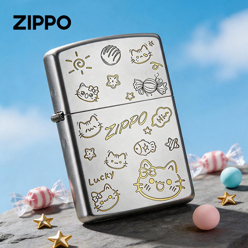 zippo打火机甜心猫猫 缎纱雕刻防风煤油正品七夕礼物送男生刻字
