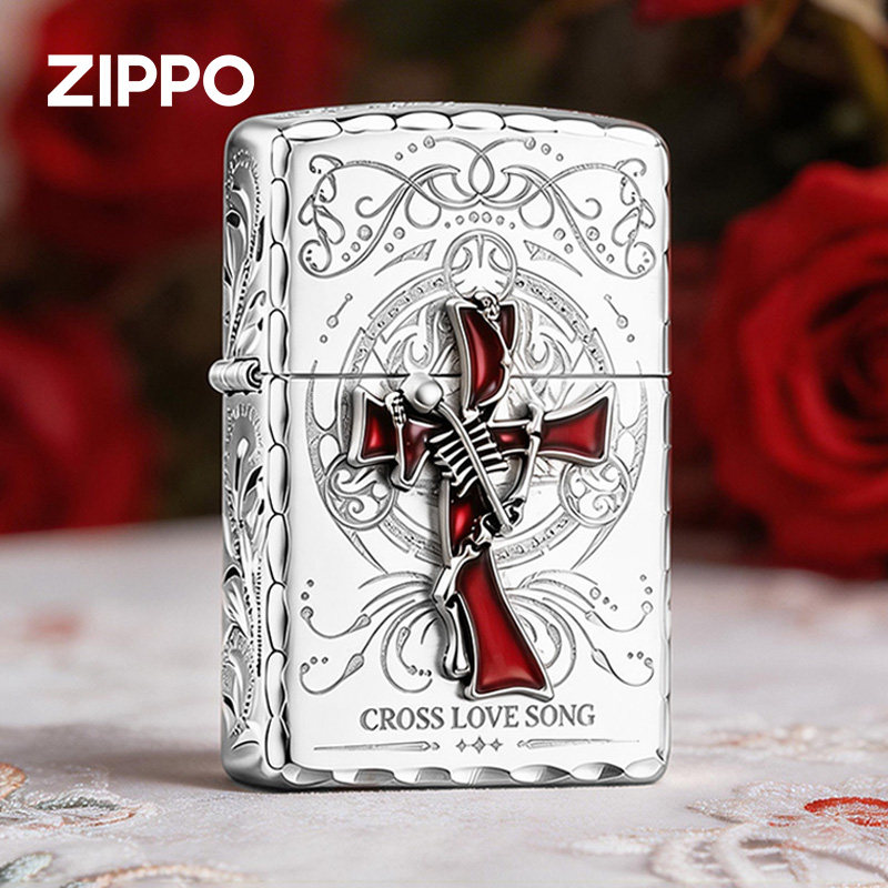zippo打火机正品十字恋歌 个性十字贴章繁华咬边雕刻送男朋友礼物