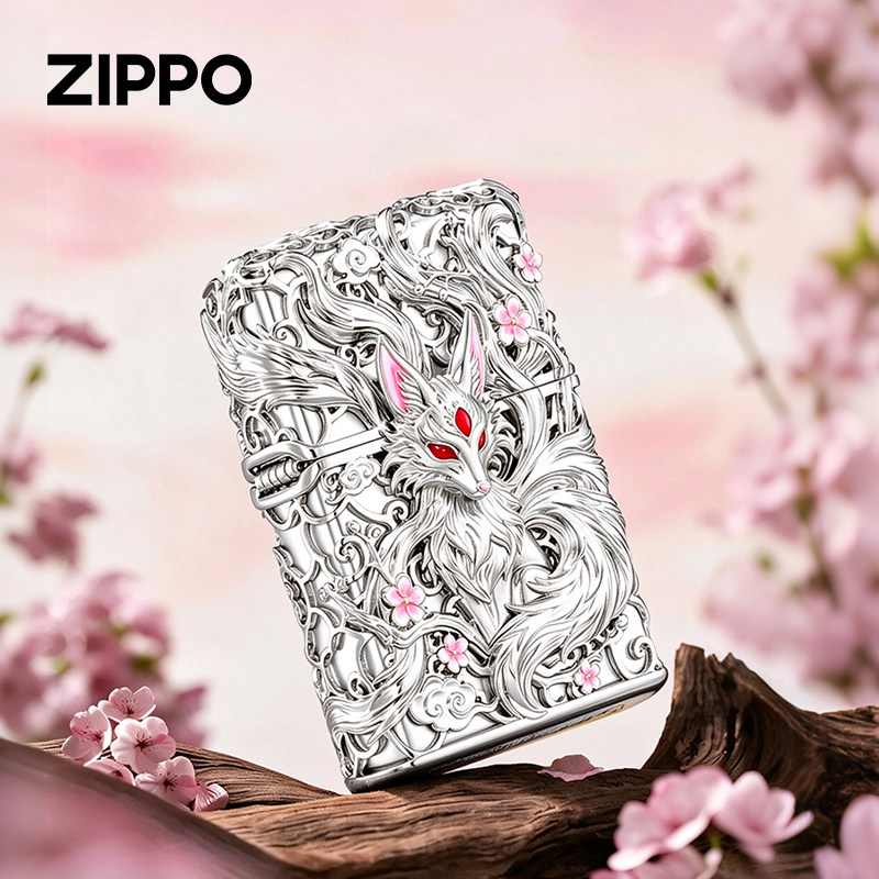 zippo打火机正品 桃面九尾狐银色重甲浮雕祥云纹官方正版生日礼物